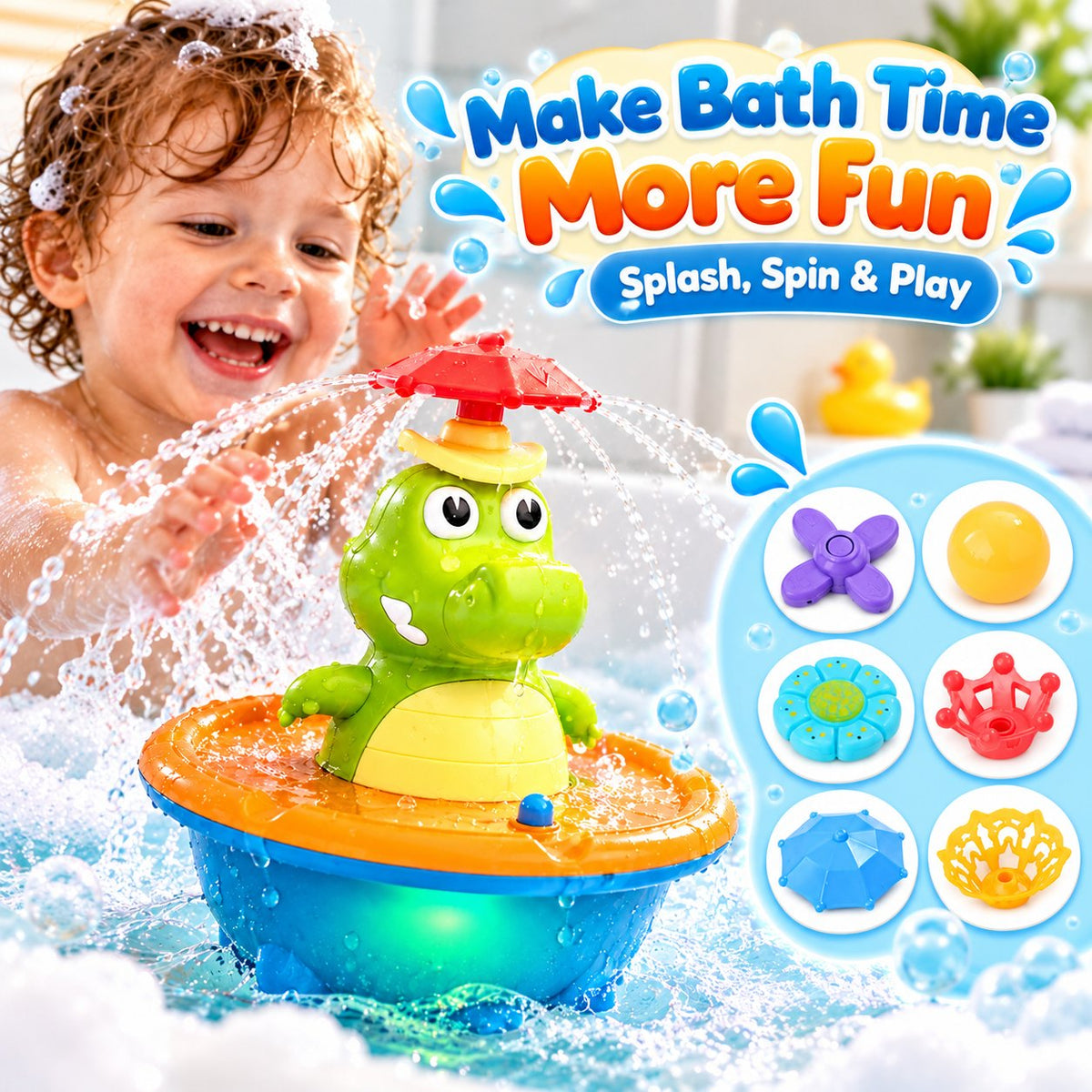 🐊 Cute Crocodile Bath Toy – 360° Spinning Light-Up Water Spray for Babies & Toddlers