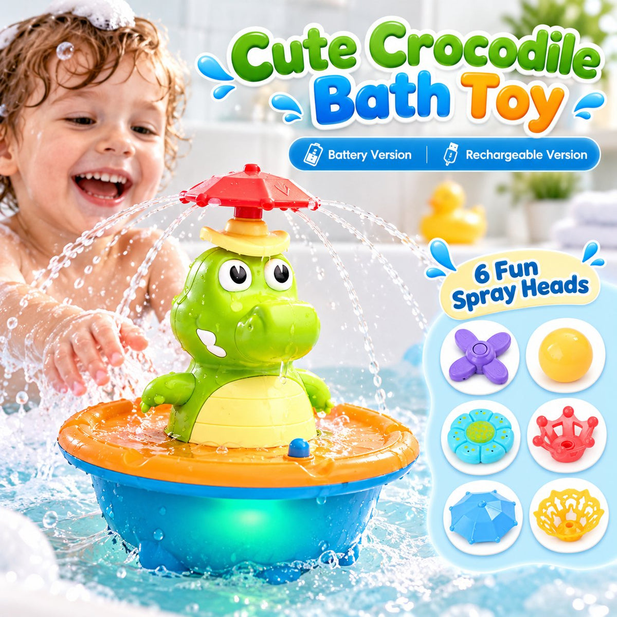 🐊 Cute Crocodile Bath Toy – 360° Spinning Light-Up Water Spray for Babies & Toddlers