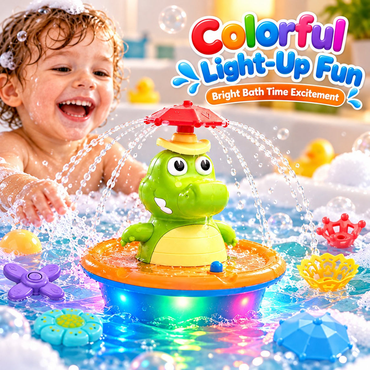 🐊 Cute Crocodile Bath Toy – 360° Spinning Light-Up Water Spray for Babies & Toddlers