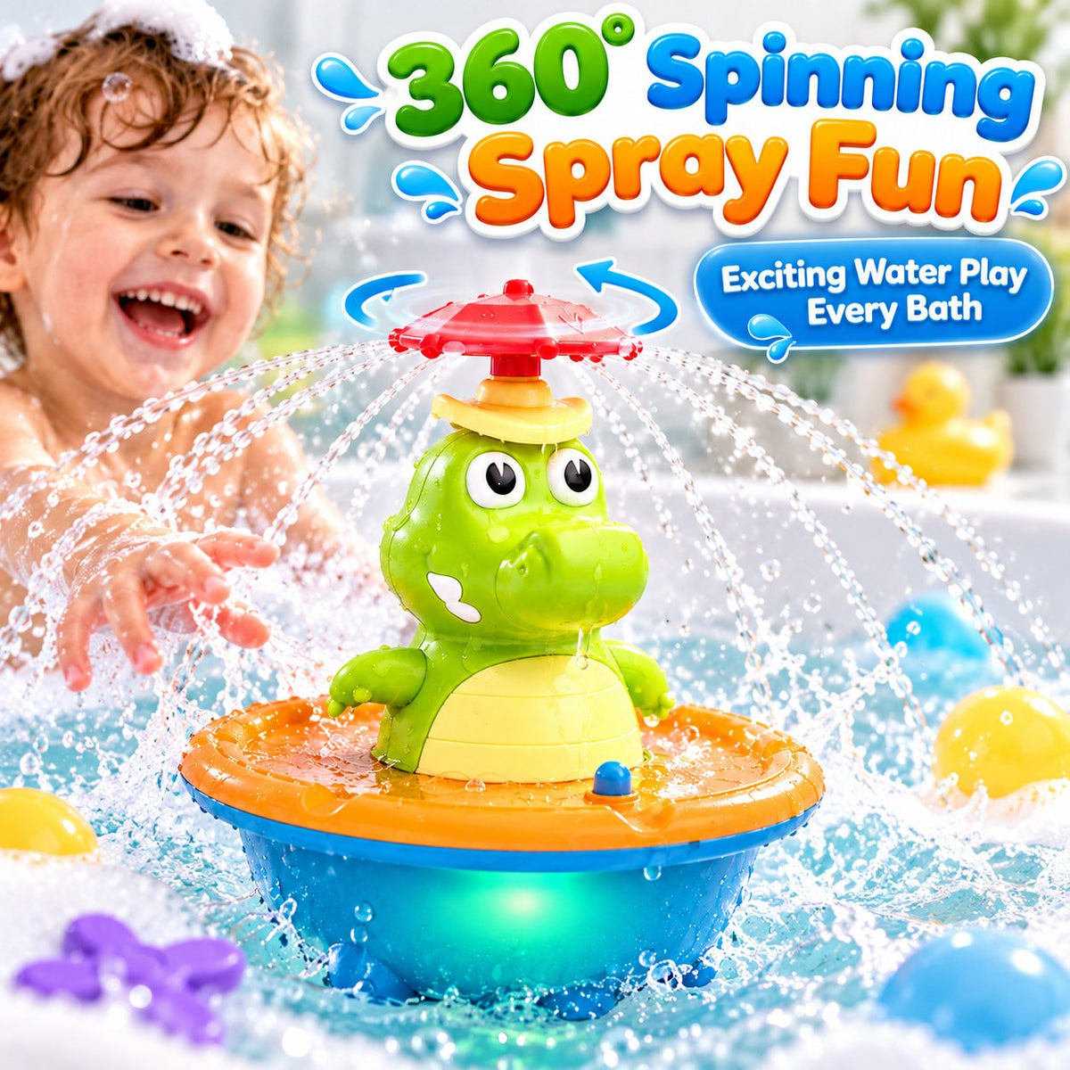 🐊 Cute Crocodile Bath Toy – 360° Spinning Light-Up Water Spray for Babies & Toddlers