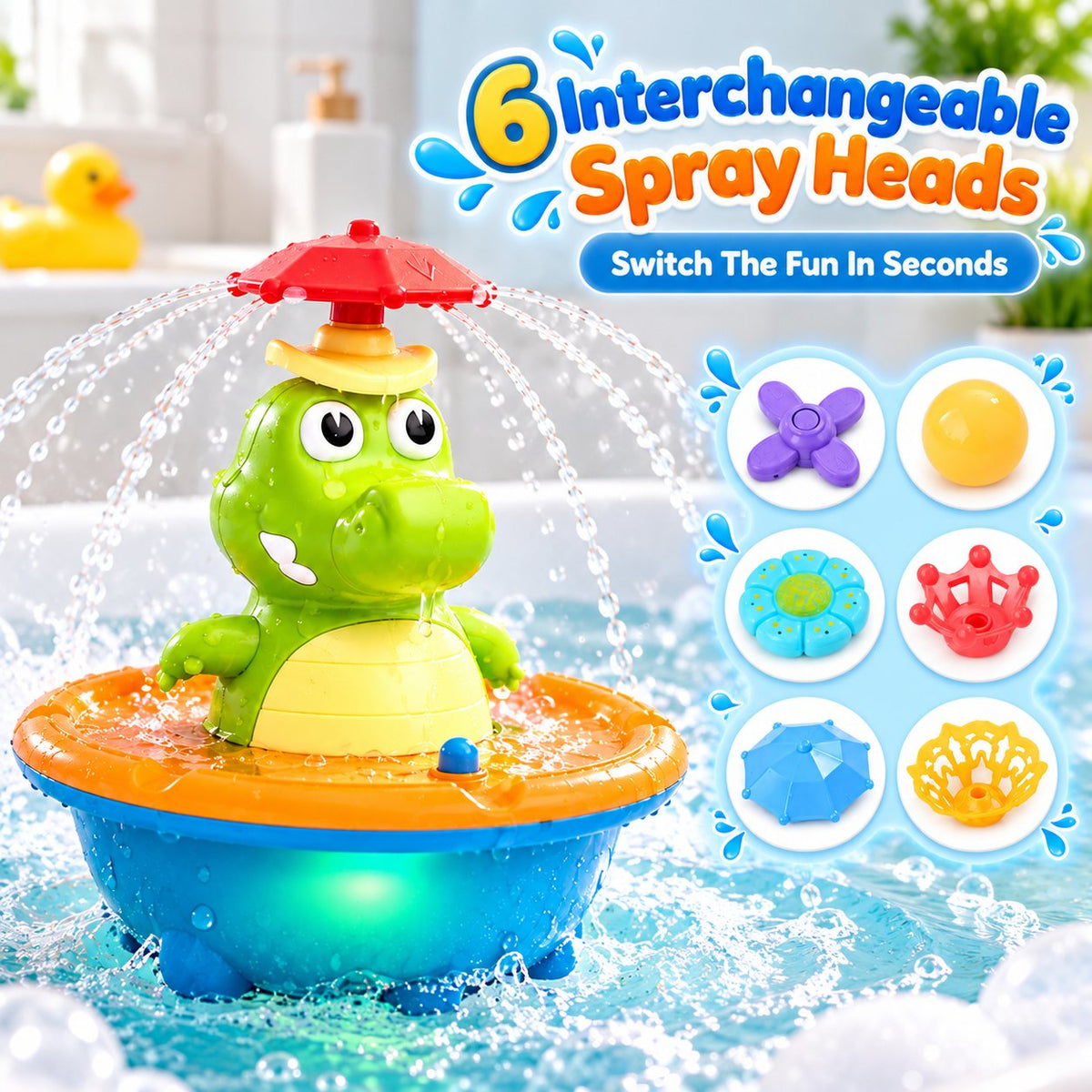 🐊 Cute Crocodile Bath Toy – 360° Spinning Light-Up Water Spray for Babies & Toddlers